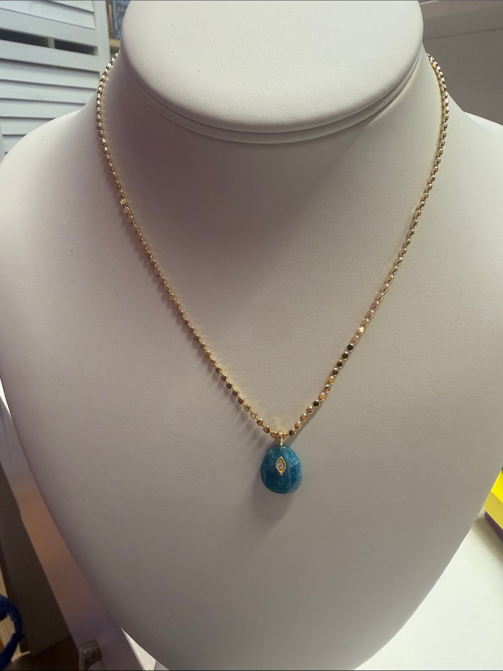 Gold Beaded Necklace with Blue Teardrop Pendant for good luck 🍀
